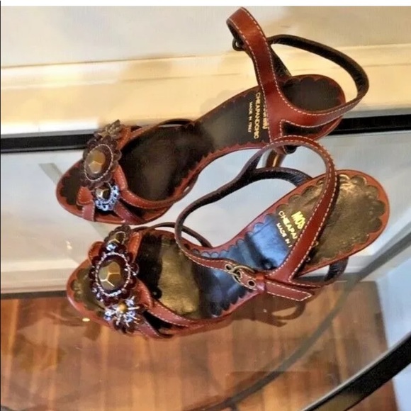 MOSCHINO BROWN JEWELED ANKLE STRAP 7.5 SANDAL AUTHENTIC - Picture 8 of 9